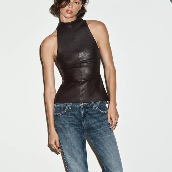 NWT Zara Brown Sleeveless mock neck Faux Leather Zip back Top - size XL - Picture 8 of 16
